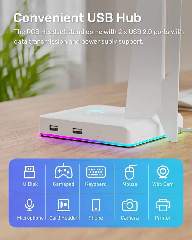 Alt view image 4 of 7 - RGB Gaming Headset Stand with 2 USB Ports, Game Headphone Mount for PC, Xbox One, PS4, Switch, Earphone Holder Hanger, Great for Gaming Stations, Fancy Desk Gamer Accessories, White