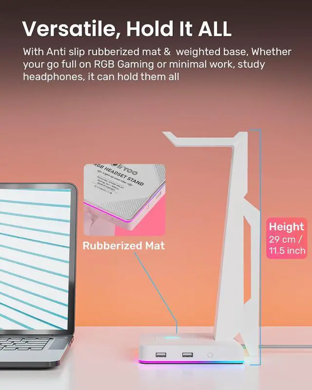 Alt view image 5 of 7 - RGB Gaming Headset Stand with 2 USB Ports, Game Headphone Mount for PC, Xbox One, PS4, Switch, Earphone Holder Hanger, Great for Gaming Stations, Fancy Desk Gamer Accessories, White
