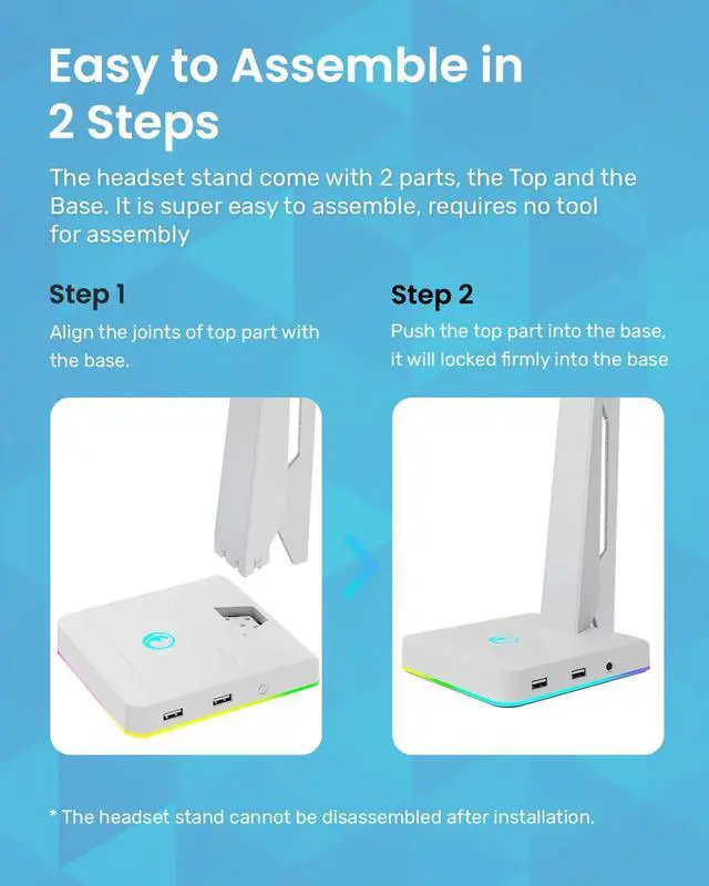 Alt view image 6 of 7 - RGB Gaming Headset Stand with 2 USB Ports, Game Headphone Mount for PC, Xbox One, PS4, Switch, Earphone Holder Hanger, Great for Gaming Stations, Fancy Desk Gamer Accessories, White