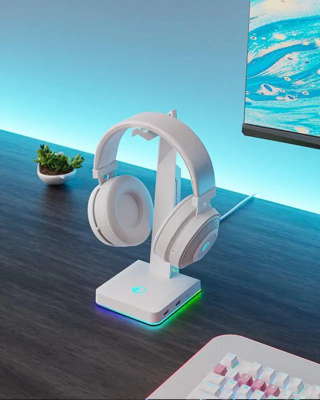 Alt view image 7 of 7 - RGB Gaming Headset Stand with 2 USB Ports, Game Headphone Mount for PC, Xbox One, PS4, Switch, Earphone Holder Hanger, Great for Gaming Stations, Fancy Desk Gamer Accessories, White
