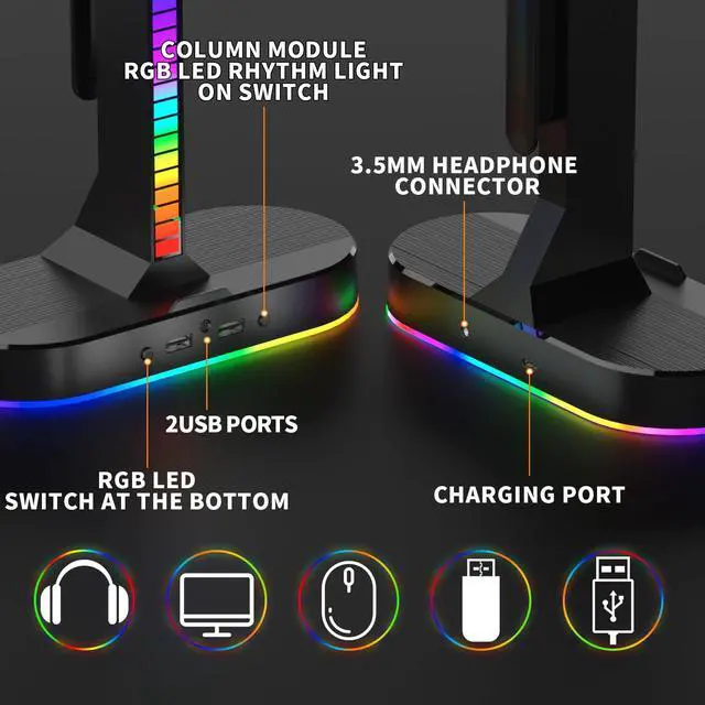 Alt view image 2 of 6 - RGB Headphone Stand - Dual Gaming Headset Holder with 3 USB Charging Station and 3.5mm Audio Port,8 Light Modes, Suitable for Gaming, Wireless Earphone Display, Gamer Gifts for Men (Black)