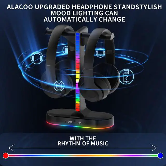 Alt view image 4 of 6 - RGB Headphone Stand - Dual Gaming Headset Holder with 3 USB Charging Station and 3.5mm Audio Port,8 Light Modes, Suitable for Gaming, Wireless Earphone Display, Gamer Gifts for Men (Black)