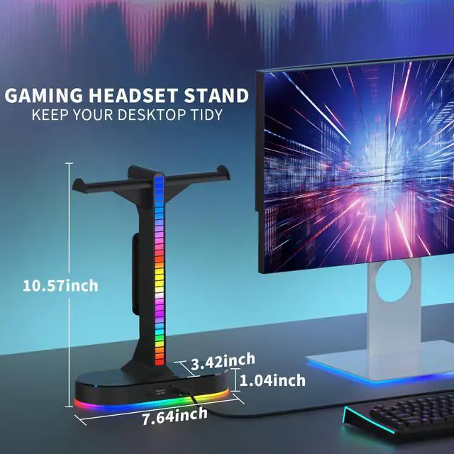 Alt view image 5 of 6 - RGB Headphone Stand - Dual Gaming Headset Holder with 3 USB Charging Station and 3.5mm Audio Port,8 Light Modes, Suitable for Gaming, Wireless Earphone Display, Gamer Gifts for Men (Black)