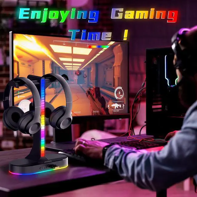 Alt view image 6 of 6 - RGB Headphone Stand - Dual Gaming Headset Holder with 3 USB Charging Station and 3.5mm Audio Port,8 Light Modes, Suitable for Gaming, Wireless Earphone Display, Gamer Gifts for Men (Black)