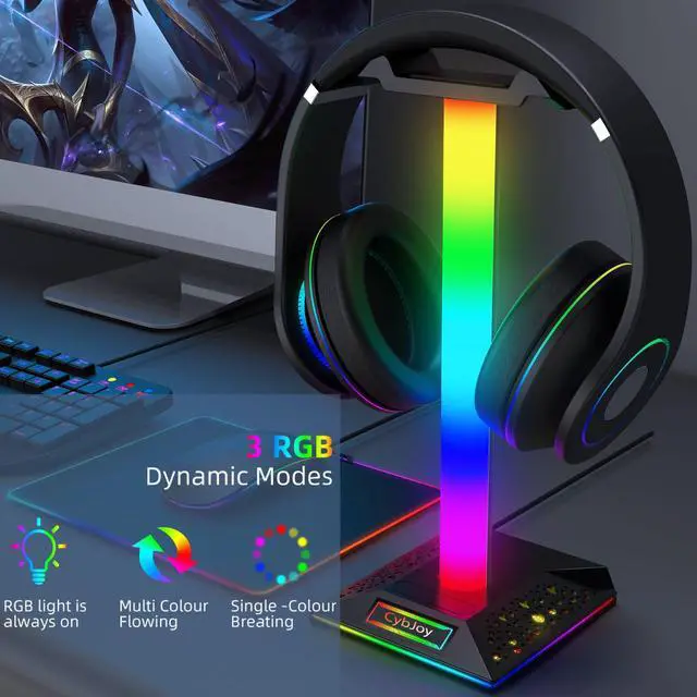 Alt view image 2 of 6 - Gaming Headphone Stand PC Accessories - RGB Headset Stand with 2 USB and 1 Type-C Ports, LED Headphone Stand Gift for Boys Men, Computer Game Accessories for Desk