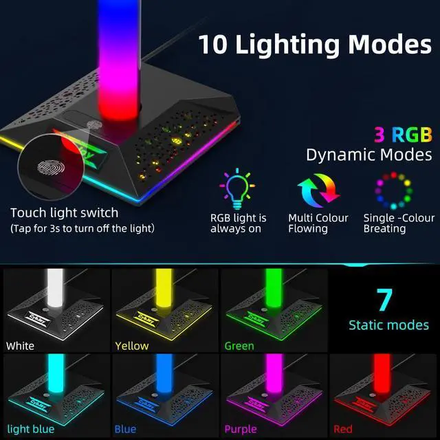 Alt view image 3 of 6 - Gaming Headphone Stand PC Accessories - RGB Headset Stand with 2 USB and 1 Type-C Ports, LED Headphone Stand Gift for Boys Men, Computer Game Accessories for Desk