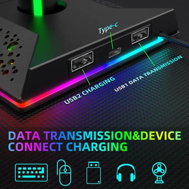 Alt view image 4 of 6 - Gaming Headphone Stand PC Accessories - RGB Headset Stand with 2 USB and 1 Type-C Ports, LED Headphone Stand Gift for Boys Men, Computer Game Accessories for Desk