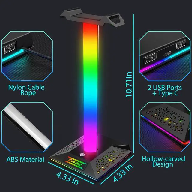 Alt view image 5 of 6 - Gaming Headphone Stand PC Accessories - RGB Headset Stand with 2 USB and 1 Type-C Ports, LED Headphone Stand Gift for Boys Men, Computer Game Accessories for Desk