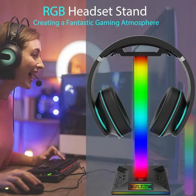 Alt view image 6 of 6 - Gaming Headphone Stand PC Accessories - RGB Headset Stand with 2 USB and 1 Type-C Ports, LED Headphone Stand Gift for Boys Men, Computer Game Accessories for Desk