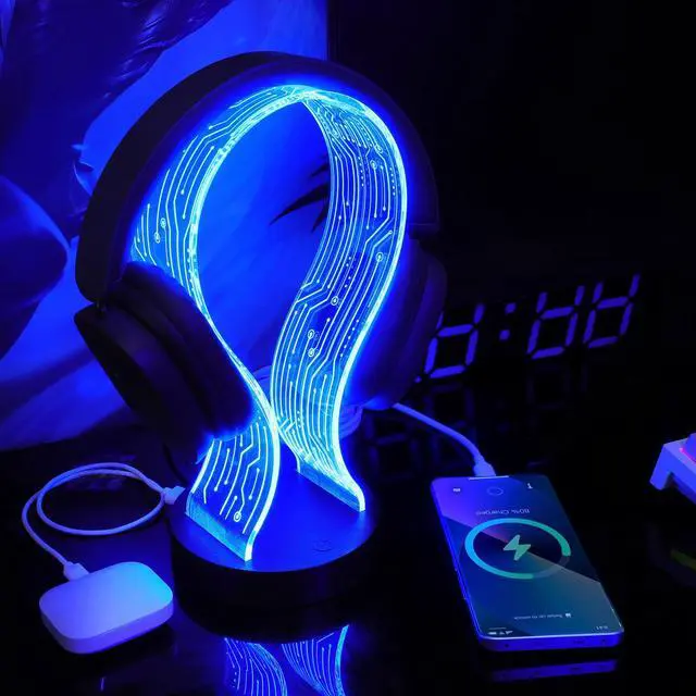 Main image of Light Up Headphone Stand, Acrylic Desk Accessory Headset Holder with PCB Pattern and 16 Color LED Lights, 1 USB and 1 Type-C Charging Ports, for Gamers Music Lovers Boys Men