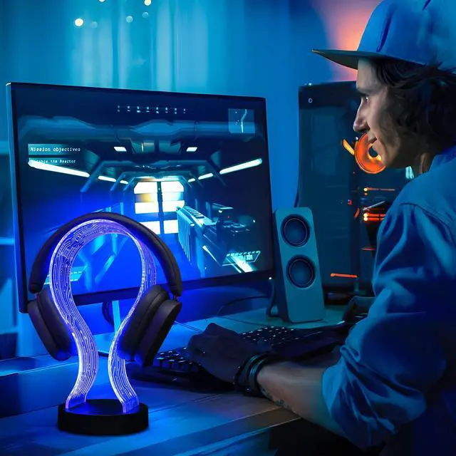 Alt view image 2 of 7 - Light Up Headphone Stand, Acrylic Desk Accessory Headset Holder with PCB Pattern and 16 Color LED Lights, 1 USB and 1 Type-C Charging Ports, for Gamers Music Lovers Boys Men