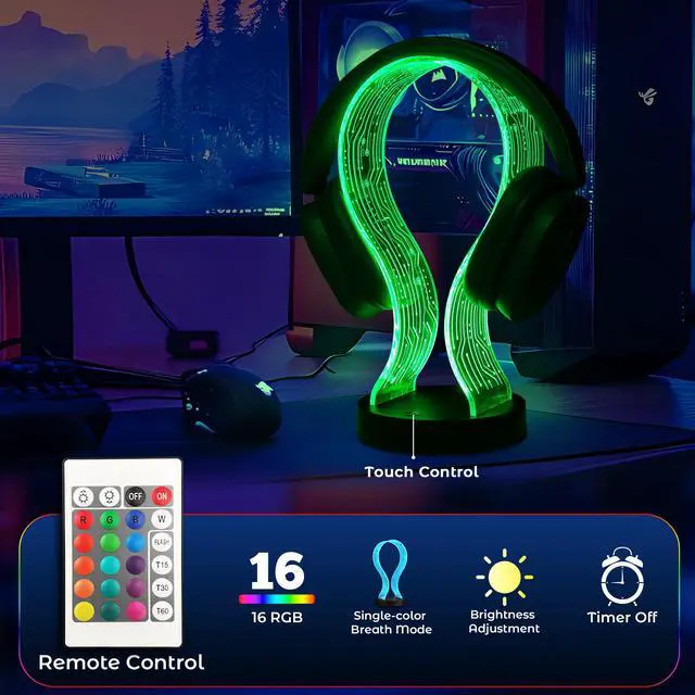 Alt view image 3 of 7 - Light Up Headphone Stand, Acrylic Desk Accessory Headset Holder with PCB Pattern and 16 Color LED Lights, 1 USB and 1 Type-C Charging Ports, for Gamers Music Lovers Boys Men