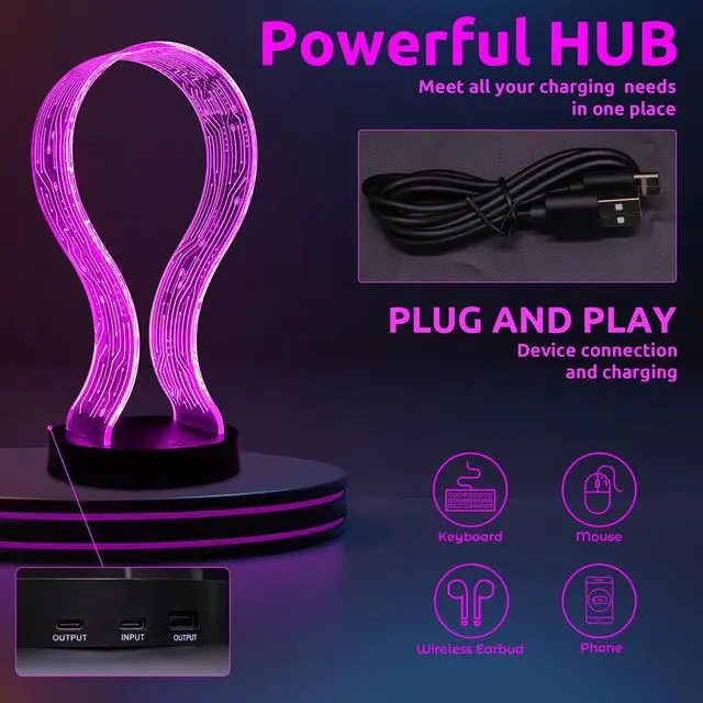 Alt view image 4 of 7 - Light Up Headphone Stand, Acrylic Desk Accessory Headset Holder with PCB Pattern and 16 Color LED Lights, 1 USB and 1 Type-C Charging Ports, for Gamers Music Lovers Boys Men