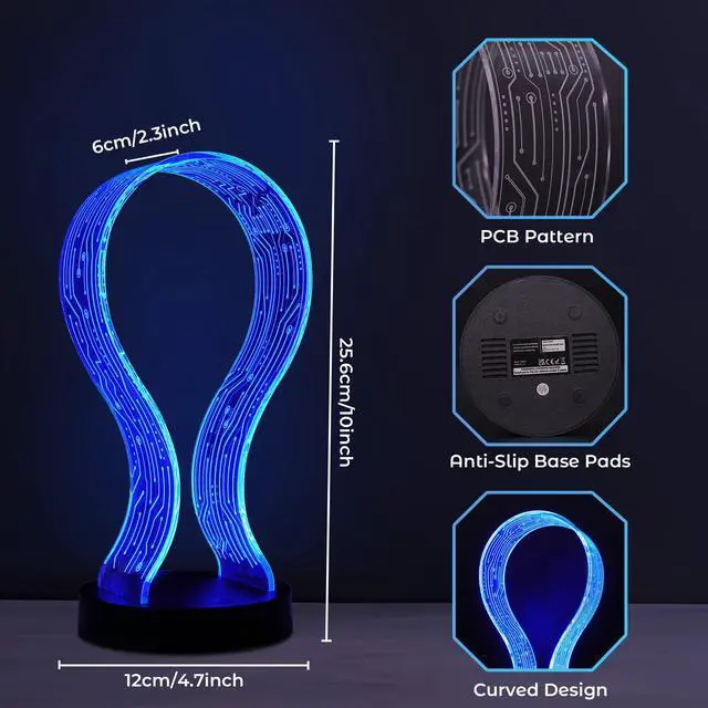 Alt view image 6 of 7 - Light Up Headphone Stand, Acrylic Desk Accessory Headset Holder with PCB Pattern and 16 Color LED Lights, 1 USB and 1 Type-C Charging Ports, for Gamers Music Lovers Boys Men