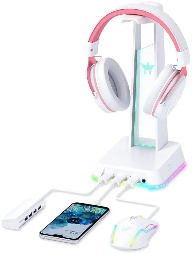 Main image of RGB Headphone Stand with 3.5mm AUX and 3 Port USB 2.0 Hub, White