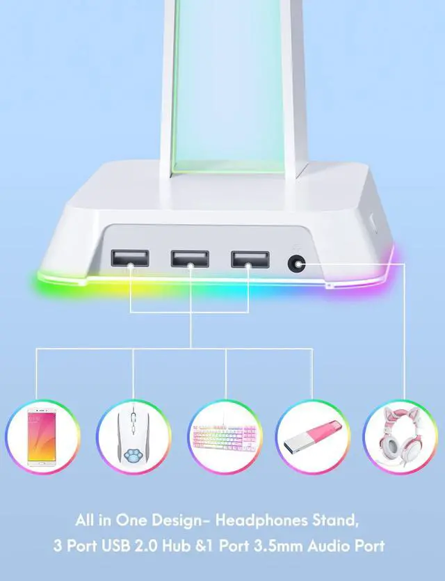 Alt view image 3 of 6 - RGB Headphone Stand with 3.5mm AUX and 3 Port USB 2.0 Hub, White