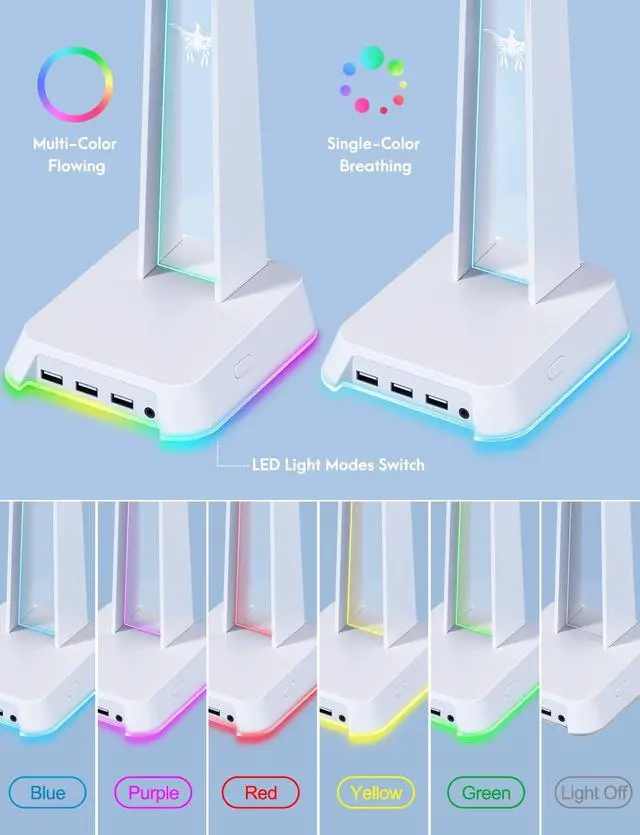 Alt view image 2 of 6 - RGB Headphone Stand with 3.5mm AUX and 3 Port USB 2.0 Hub, White