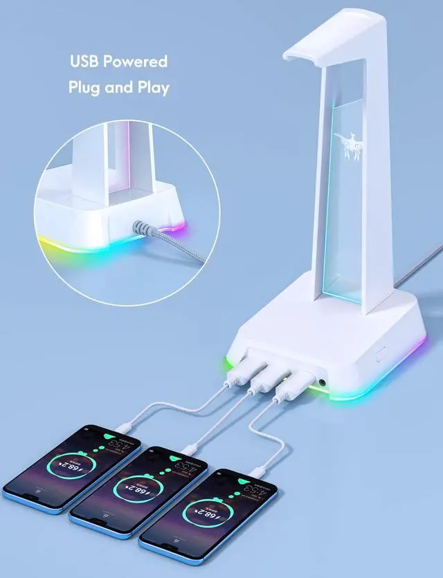 Alt view image 4 of 6 - RGB Headphone Stand with 3.5mm AUX and 3 Port USB 2.0 Hub, White