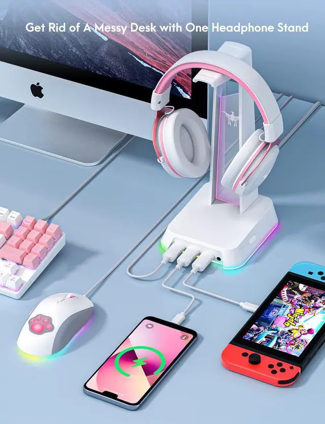 Alt view image 6 of 6 - RGB Headphone Stand with 3.5mm AUX and 3 Port USB 2.0 Hub, White
