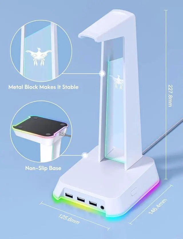 Alt view image 5 of 6 - RGB Headphone Stand with 3.5mm AUX and 3 Port USB 2.0 Hub, White