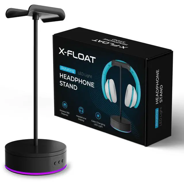 Alt view image 2 of 5 - Rotating Headphone Display Stand for Desk with LED Lights - Spinning Gaming Headset Stand (Black)