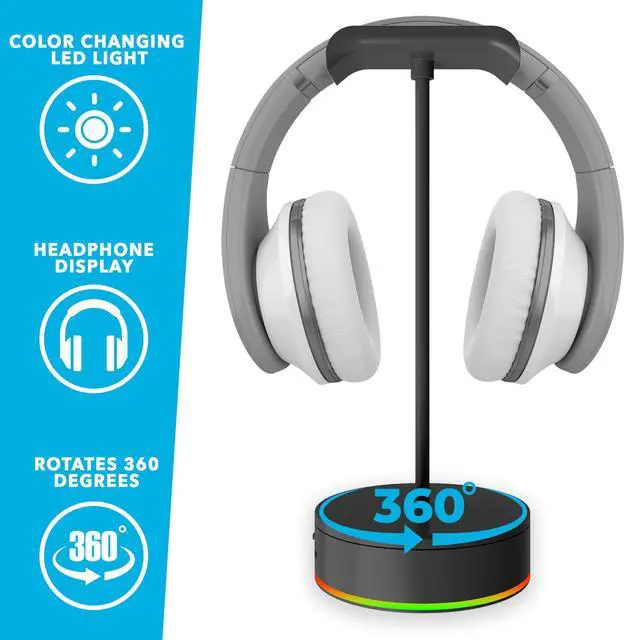 Alt view image 3 of 5 - Rotating Headphone Display Stand for Desk with LED Lights - Spinning Gaming Headset Stand (Black)