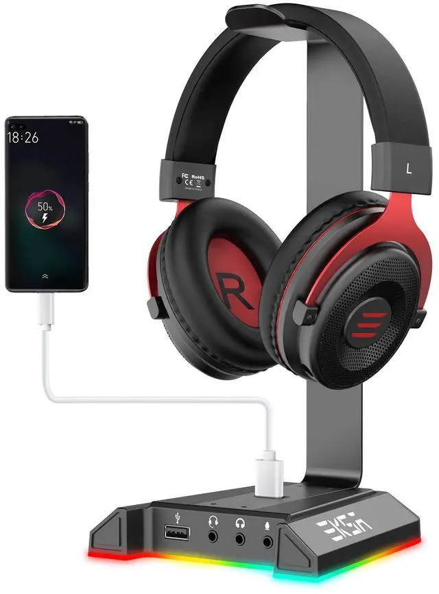 Main image of Headphone Stand, RGB Gaming Headset Stand for Desk with 7.1 Surround Sound, Headphone Holder with 3.5mm Aux and 2 USB Ports, Aluminum PC Gamer Headset Accessories for All Headphones Size