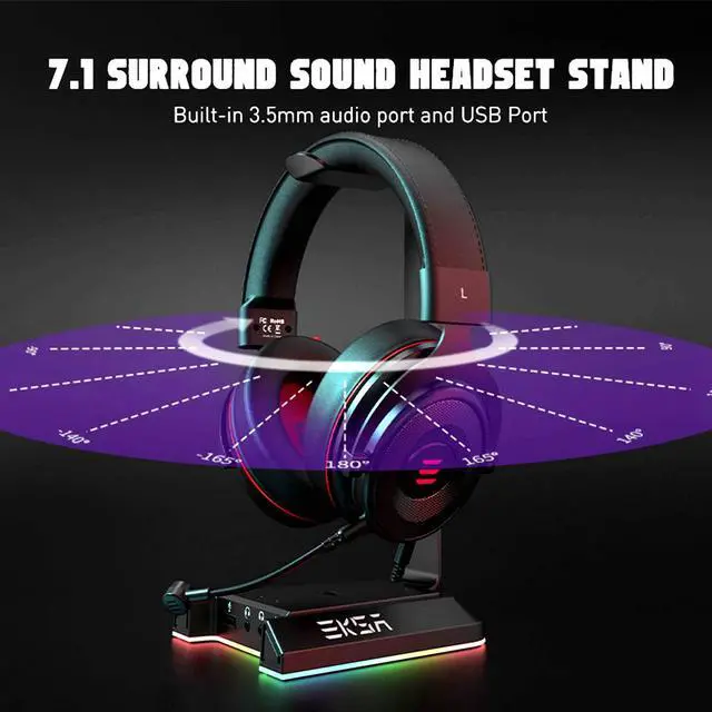 Alt view image 2 of 7 - Headphone Stand, RGB Gaming Headset Stand for Desk with 7.1 Surround Sound, Headphone Holder with 3.5mm Aux and 2 USB Ports, Aluminum PC Gamer Headset Accessories for All Headphones Size