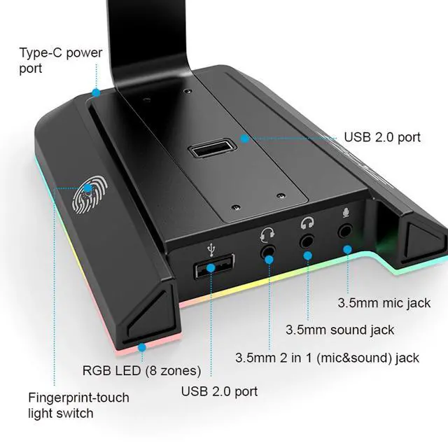 Alt view image 4 of 7 - Headphone Stand, RGB Gaming Headset Stand for Desk with 7.1 Surround Sound, Headphone Holder with 3.5mm Aux and 2 USB Ports, Aluminum PC Gamer Headset Accessories for All Headphones Size