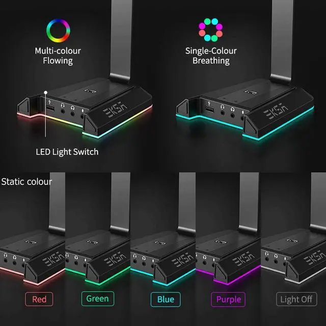 Alt view image 3 of 7 - Headphone Stand, RGB Gaming Headset Stand for Desk with 7.1 Surround Sound, Headphone Holder with 3.5mm Aux and 2 USB Ports, Aluminum PC Gamer Headset Accessories for All Headphones Size