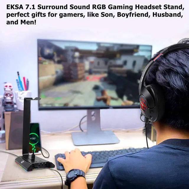 Alt view image 7 of 7 - Headphone Stand, RGB Gaming Headset Stand for Desk with 7.1 Surround Sound, Headphone Holder with 3.5mm Aux and 2 USB Ports, Aluminum PC Gamer Headset Accessories for All Headphones Size