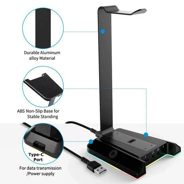 Alt view image 6 of 7 - Headphone Stand, RGB Gaming Headset Stand for Desk with 7.1 Surround Sound, Headphone Holder with 3.5mm Aux and 2 USB Ports, Aluminum PC Gamer Headset Accessories for All Headphones Size