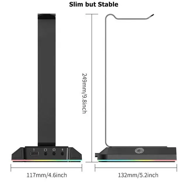 Alt view image 5 of 7 - Headphone Stand, RGB Gaming Headset Stand for Desk with 7.1 Surround Sound, Headphone Holder with 3.5mm Aux and 2 USB Ports, Aluminum PC Gamer Headset Accessories for All Headphones Size