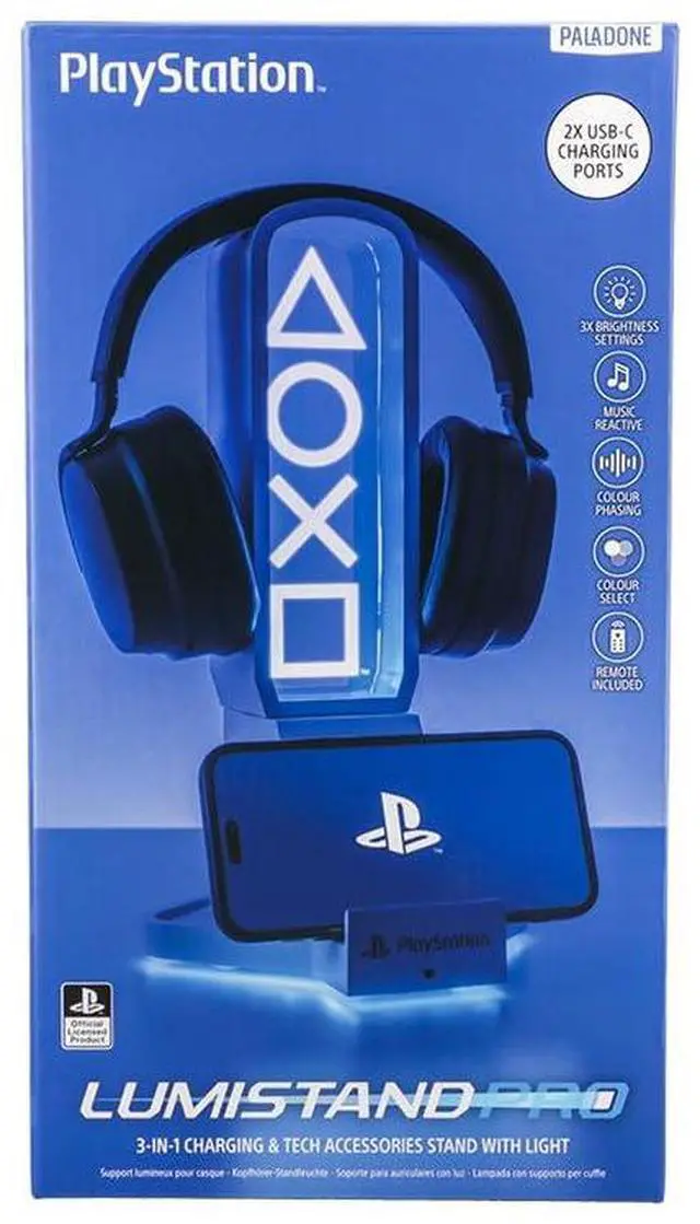 Main image of PlayStation 3-in-1 Headphone Stand and Tech Charging Station with Console Controller Cradle and 2 USB-C Ports, RGB Colour Changing Light Panel, Officially Licensed Gift for Gamers