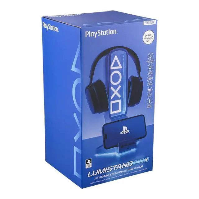 Alt view image 4 of 4 - PlayStation 3-in-1 Headphone Stand and Tech Charging Station with Console Controller Cradle and 2 USB-C Ports, RGB Colour Changing Light Panel, Officially Licensed Gift for Gamers