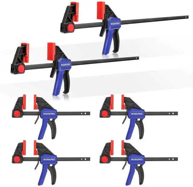 Main image of Bar Clamps for Woodworking, 6-Pack One-Handed Clamp/Spreader, 6-Inch (4) and 12-Inch (2) Wood Clamps Set, Light-Duty Quick-Change F Clamp with 150 lbs Load Limit Blue