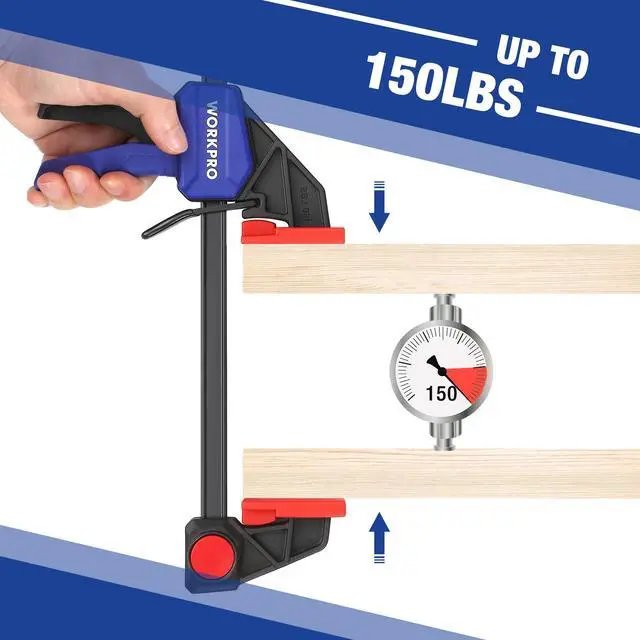 Alt view image 2 of 7 - Bar Clamps for Woodworking, 6-Pack One-Handed Clamp/Spreader, 6-Inch (4) and 12-Inch (2) Wood Clamps Set, Light-Duty Quick-Change F Clamp with 150 lbs Load Limit Blue