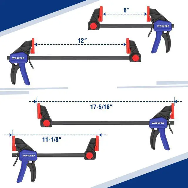 Alt view image 6 of 7 - Bar Clamps for Woodworking, 6-Pack One-Handed Clamp/Spreader, 6-Inch (4) and 12-Inch (2) Wood Clamps Set, Light-Duty Quick-Change F Clamp with 150 lbs Load Limit Blue
