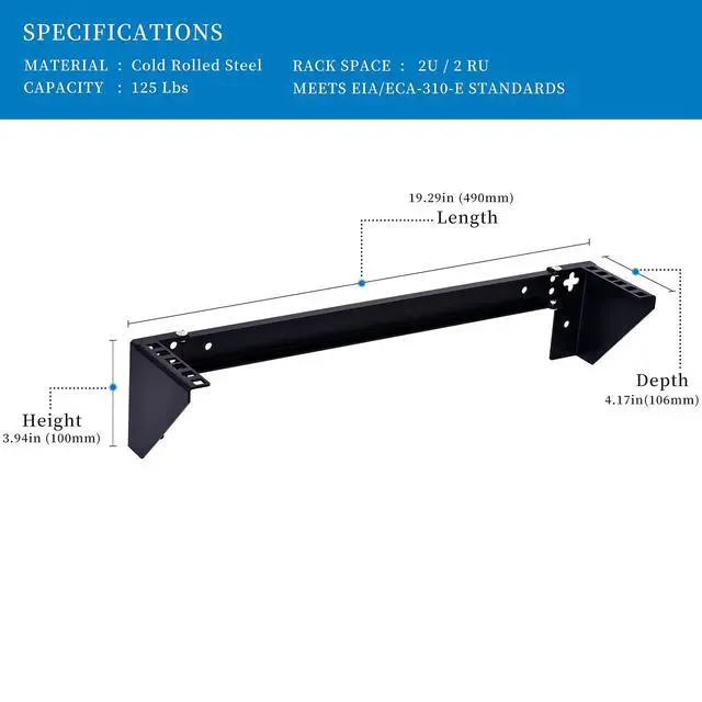 Alt view image 2 of 7 - 2U Vertical Wall Mount Rack - Heavy Duty 125lbs Capacity Vertical Mounting Bracket