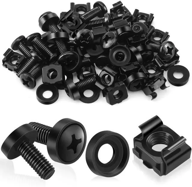 Main image of 20 x M6 Cage Nuts Screws Set for Network Cabinets, Server Cabinets, AV Rack Rails, M6 Mounting Kit for 10 Inch and 19 Inch Cabinets Network Shelves - Black