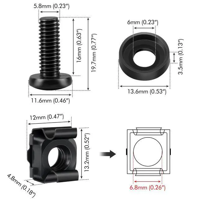 Alt view image 4 of 7 - 20 x M6 Cage Nuts Screws Set for Network Cabinets, Server Cabinets, AV Rack Rails, M6 Mounting Kit for 10 Inch and 19 Inch Cabinets Network Shelves - Black
