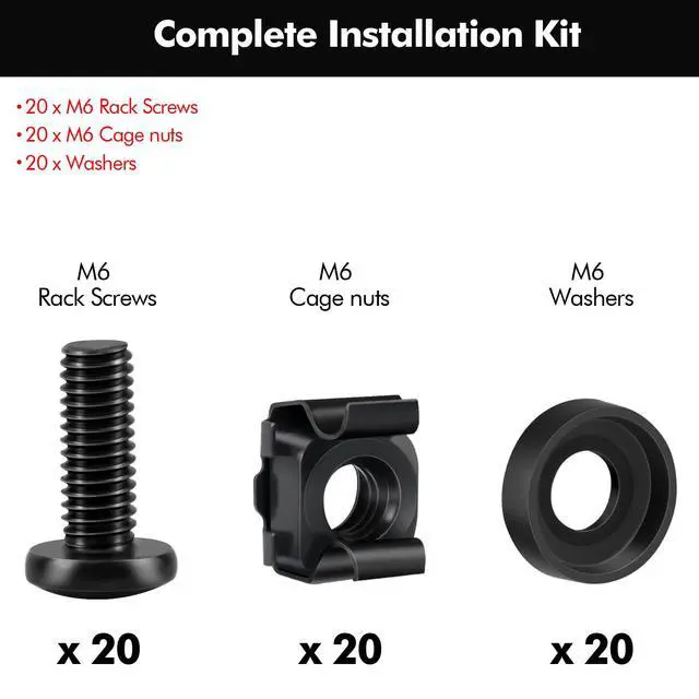 Alt view image 5 of 7 - 20 x M6 Cage Nuts Screws Set for Network Cabinets, Server Cabinets, AV Rack Rails, M6 Mounting Kit for 10 Inch and 19 Inch Cabinets Network Shelves - Black