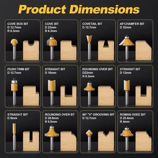 Alt view image 2 of 7 - REKCKRUL 12 Pieces Tungsten Carbide Router Bit Set 1/4 Inch Shank