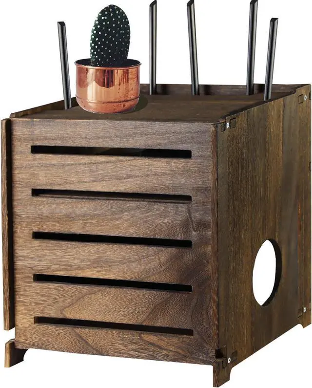 Main image of Wooden WiFi Router Storage Box Charcoal Retro Wood Router Hider Box Modem Store Boxes, Double-Layers WiFi Hiding Boxes Internet Hiders No Signal Blocking Router Cabinet Wood