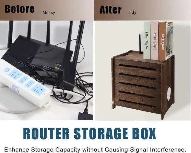 Alt view image 3 of 6 - Wooden WiFi Router Storage Box Charcoal Retro Wood Router Hider Box Modem Store Boxes, Double-Layers WiFi Hiding Boxes Internet Hiders No Signal Blocking Router Cabinet Wood
