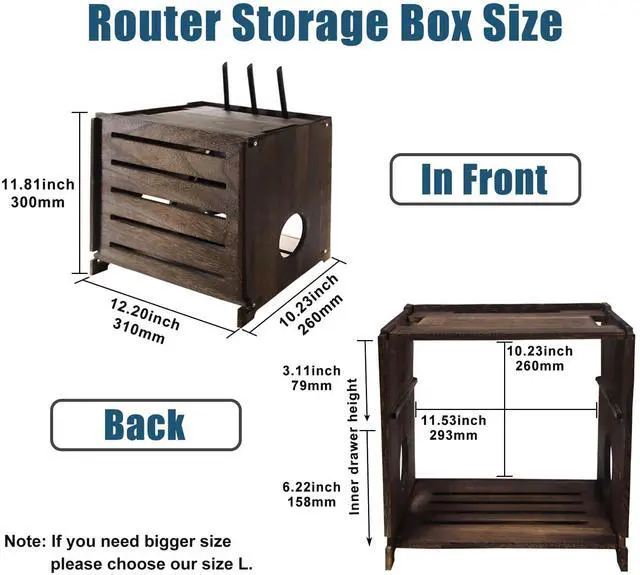 Alt view image 2 of 6 - Wooden WiFi Router Storage Box Charcoal Retro Wood Router Hider Box Modem Store Boxes, Double-Layers WiFi Hiding Boxes Internet Hiders No Signal Blocking Router Cabinet Wood