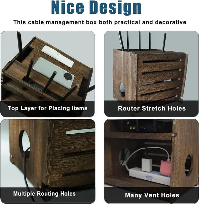 Alt view image 4 of 6 - Wooden WiFi Router Storage Box Charcoal Retro Wood Router Hider Box Modem Store Boxes, Double-Layers WiFi Hiding Boxes Internet Hiders No Signal Blocking Router Cabinet Wood
