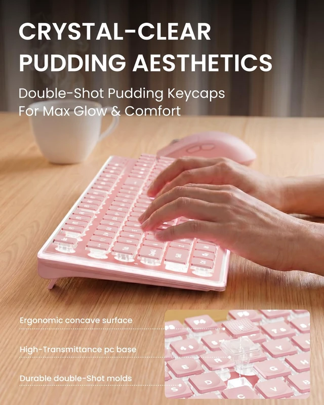 Alt view image 2 of 7 - Wireless Keyboard and Mouse Combo with White Backlit, Rechargeable-Pink | Dual Mode Bluetooth & 2.4G, Multi-Device, Pudding Keycaps, Soft Click Typing, Full-size Desk Set for Laptop, PC, Windows