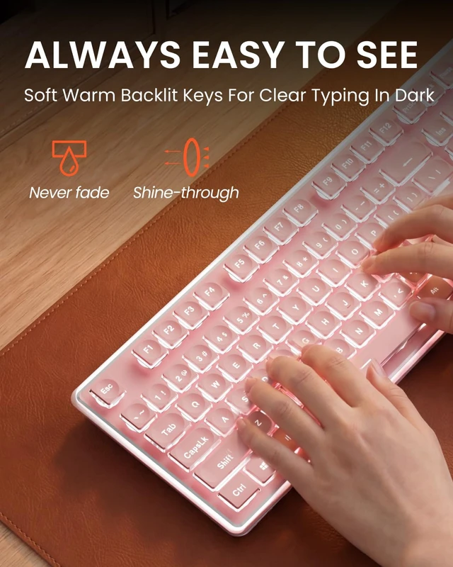 Alt view image 3 of 7 - Wireless Keyboard and Mouse Combo with White Backlit, Rechargeable-Pink | Dual Mode Bluetooth & 2.4G, Multi-Device, Pudding Keycaps, Soft Click Typing, Full-size Desk Set for Laptop, PC, Windows