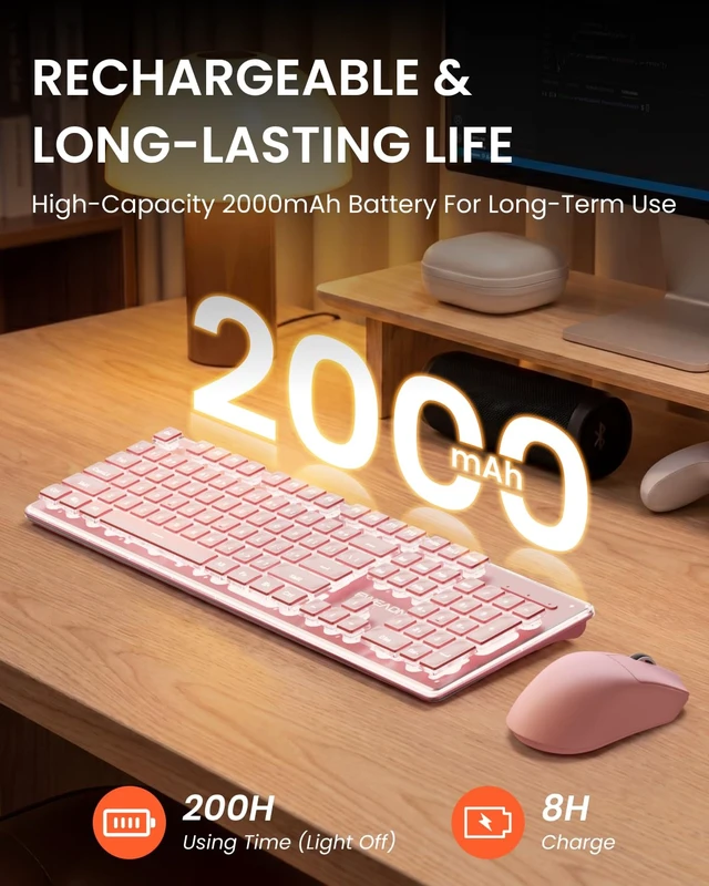 Alt view image 5 of 7 - Wireless Keyboard and Mouse Combo with White Backlit, Rechargeable-Pink | Dual Mode Bluetooth & 2.4G, Multi-Device, Pudding Keycaps, Soft Click Typing, Full-size Desk Set for Laptop, PC, Windows